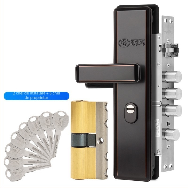 Încuietoare de ușă tip mortise pentru intrare, mâner din oțel inoxidabil, cilindru din cupru clasă C, set de trei piese, cu cheie