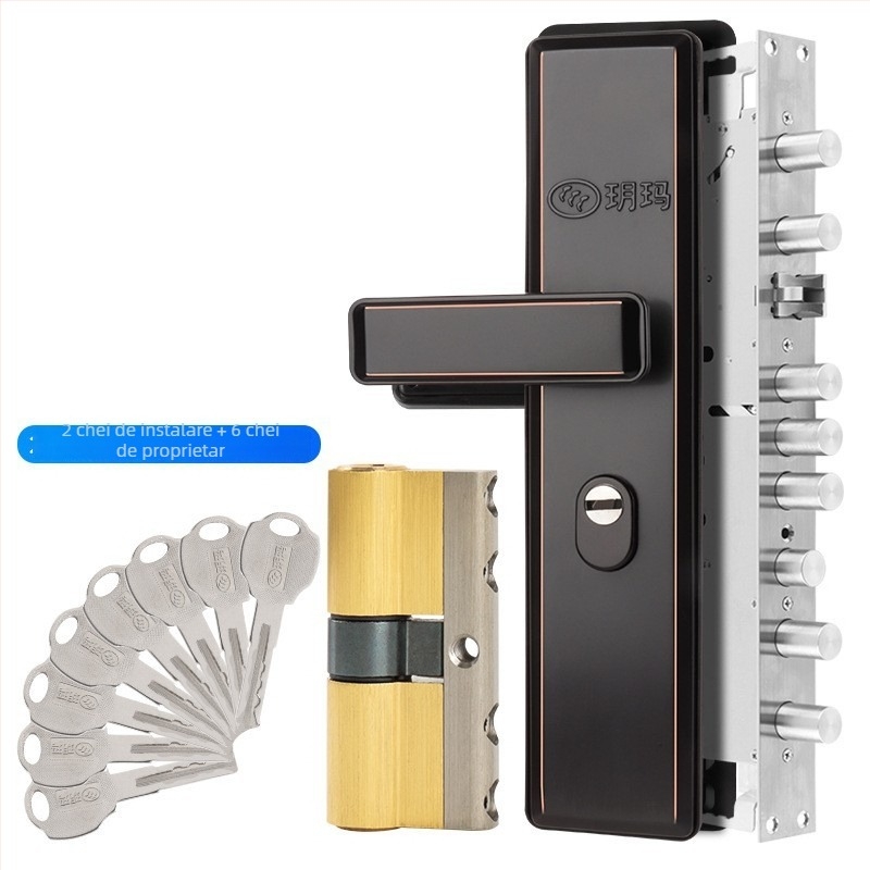 Încuietoare de ușă tip mortise pentru intrare, mâner din oțel inoxidabil, cilindru din cupru clasă C, set de trei piese, cu cheie