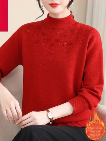 Top tricotat călduros pentru iarnă, cu fleece pe interior, bază pentru corp – pulover | Poliester 95%+, mâneci lungi, guler semi-înalt, lungime obișnuită 50–65 cm