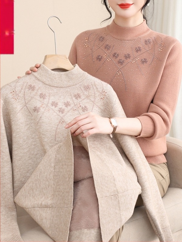 Top tricotat călduros pentru iarnă, cu fleece pe interior, bază pentru corp – pulover | Poliester 95%+, mâneci lungi, guler semi-înalt, lungime obișnuită 50–65 cm