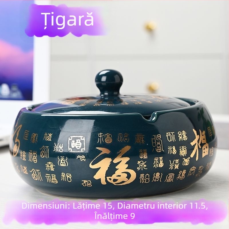 Cenușar ceramic cu capac, gravat, model standard, marca Kuncheng