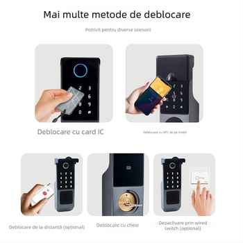 Încuietoare inteligentă exterior pentru ușă cu amprentă și deblocare dublă (Model: T20; Capacitate stocare amprente: 100; Timp scanare: <1 s; Rată recunoaștere falsă: <0.001%; Temperatură de operare: -20…70°C)