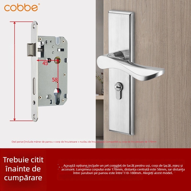 Cabe CB-KTS10 Încuietoare pentru ușă de dormitor - Oțel inoxidabil, tip încuietoare încastrată, stil modern minimalist