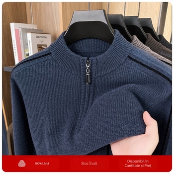 Pulover bărbătesc din lână 100%, gros, cu guler semiînalt și fermoar, mâneci lungi, iarna 2025
