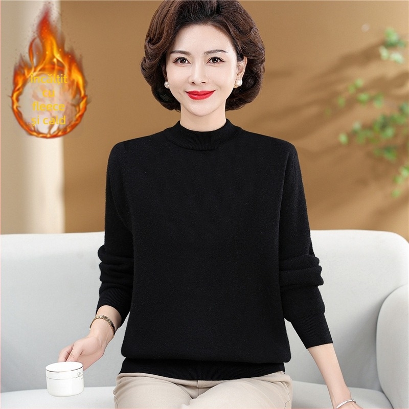 Pulover damă cu căptușeală de fleece și guler semiînalt (croială lejeră, mâneci lungi, poliester >95%)