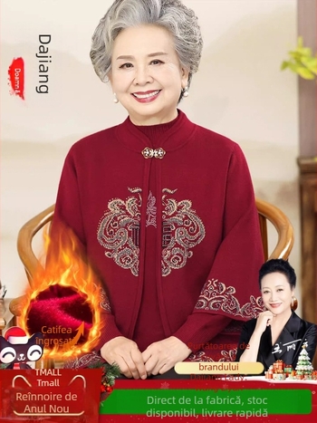 Set din două piese tricotat, brodat, model floral vegetal, guler rotund, mâneci lungi