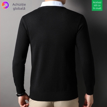 Pulover tricotat pentru bărbați cu guler de cămașă, lână groasă, mâneci lungi, broderie