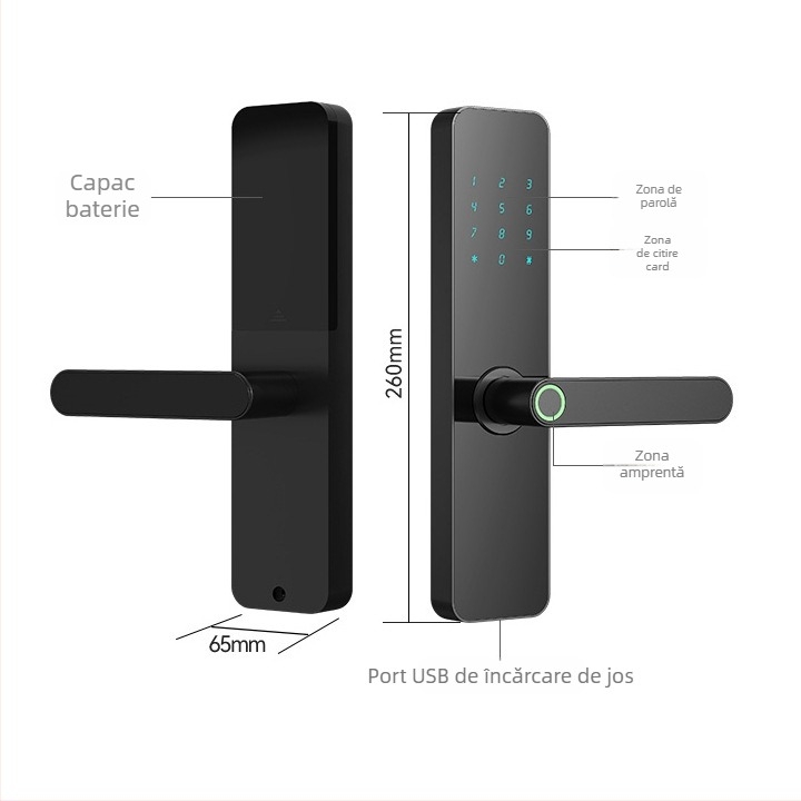 Încuietoare inteligentă – Model F7P; stocare amprente 100; timp de scanare 0,1 s; rată de acceptare falsă <0,1%; viață > 500.000 cicluri