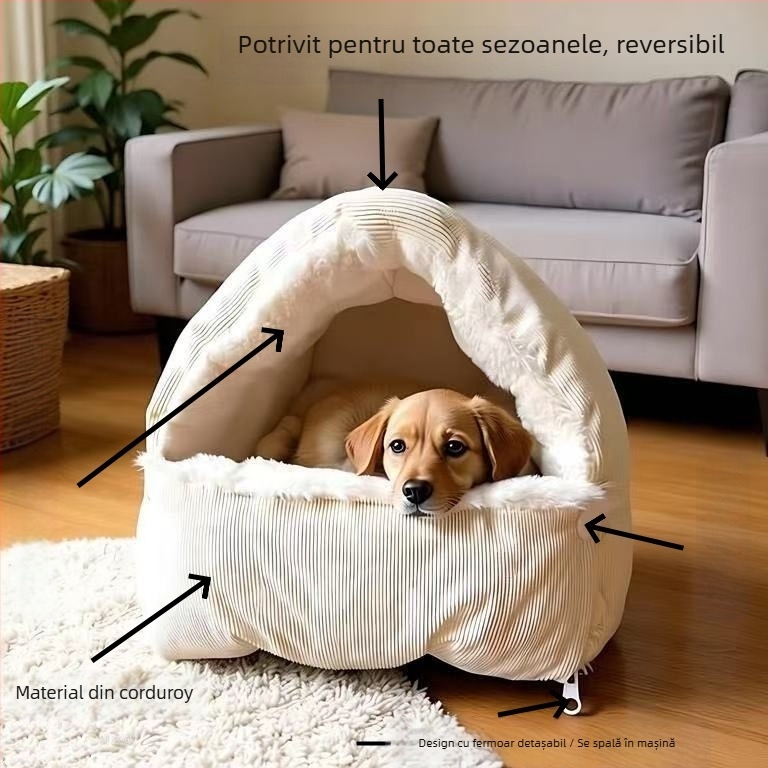 Cuib pentru pisici — pluș, design semiînchis, căldură pentru toate sezoanele