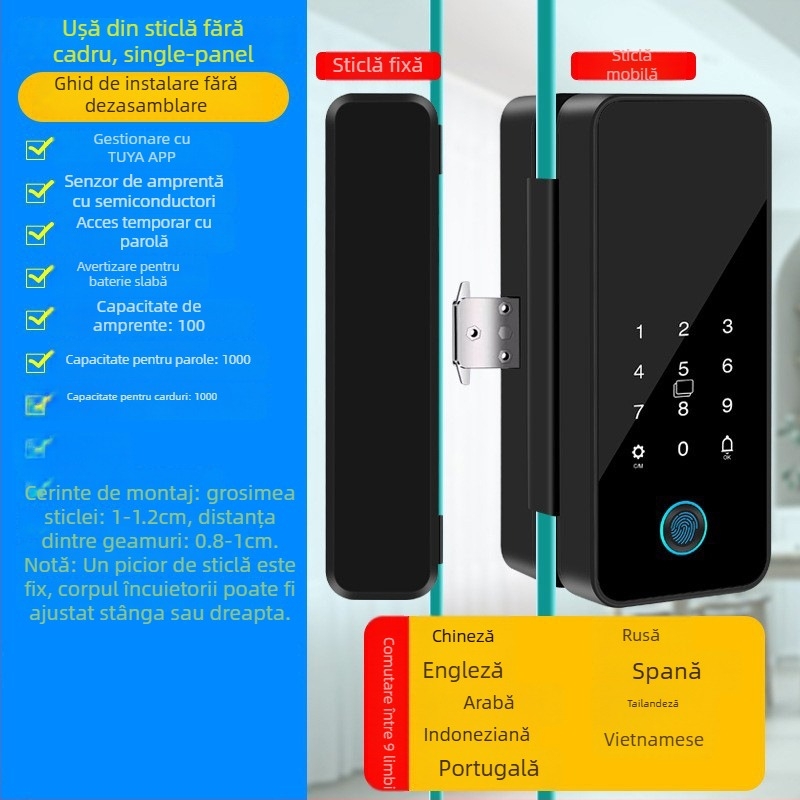 Încuietoare inteligentă pentru ușă de sticlă cu control prin Tuya App, amprentă și parolă, pentru uși de birou cu cadru sau fără cadru, pentru uși simple sau duble