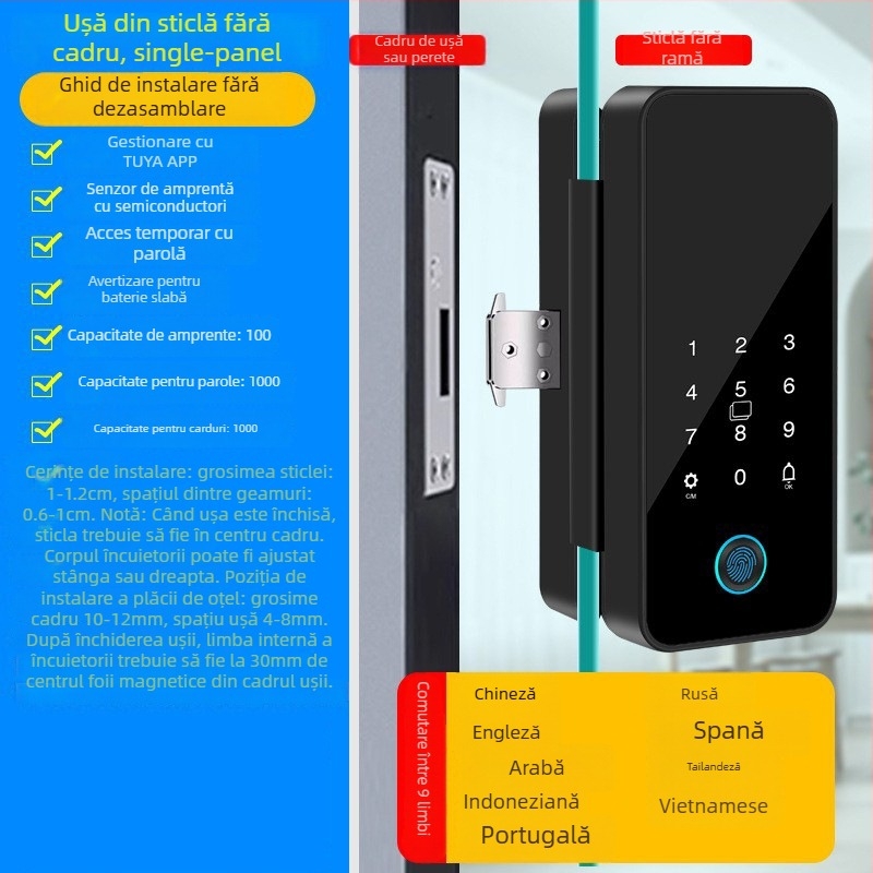 Încuietoare inteligentă pentru ușă de sticlă cu control prin Tuya App, amprentă și parolă, pentru uși de birou cu cadru sau fără cadru, pentru uși simple sau duble