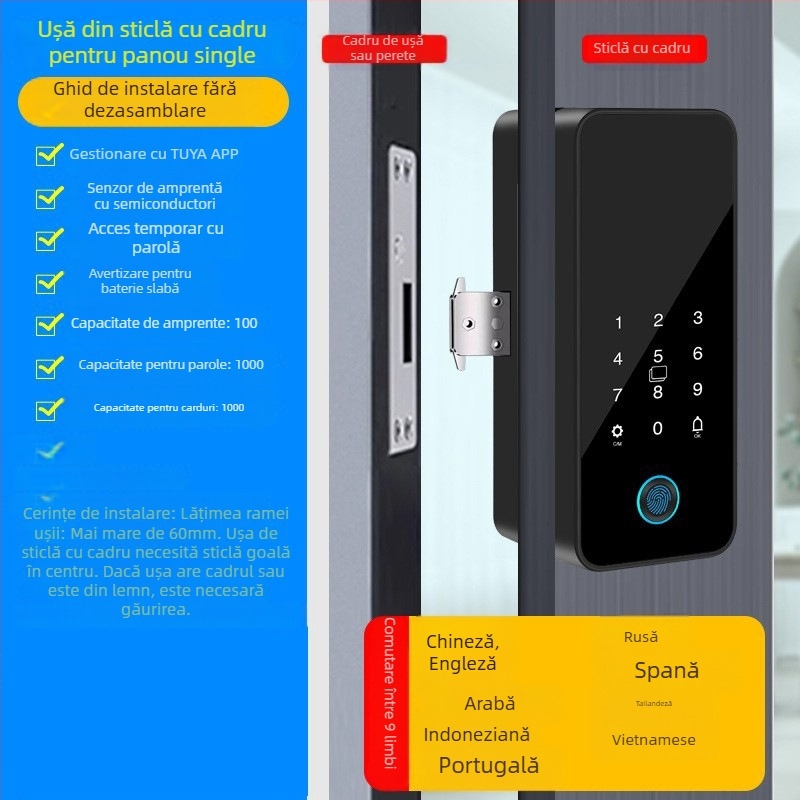 Încuietoare inteligentă pentru ușă de sticlă cu control prin Tuya App, amprentă și parolă, pentru uși de birou cu cadru sau fără cadru, pentru uși simple sau duble