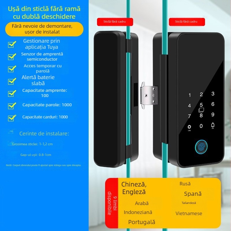 Încuietoare inteligentă pentru ușă de sticlă cu control prin Tuya App, amprentă și parolă, pentru uși de birou cu cadru sau fără cadru, pentru uși simple sau duble