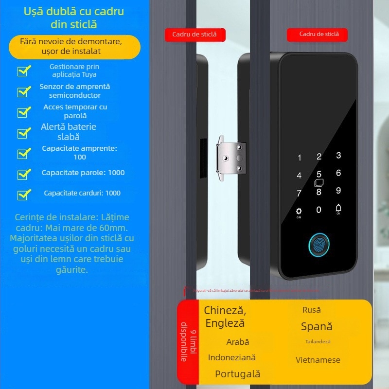 Încuietoare inteligentă pentru ușă de sticlă cu control prin Tuya App, amprentă și parolă, pentru uși de birou cu cadru sau fără cadru, pentru uși simple sau duble