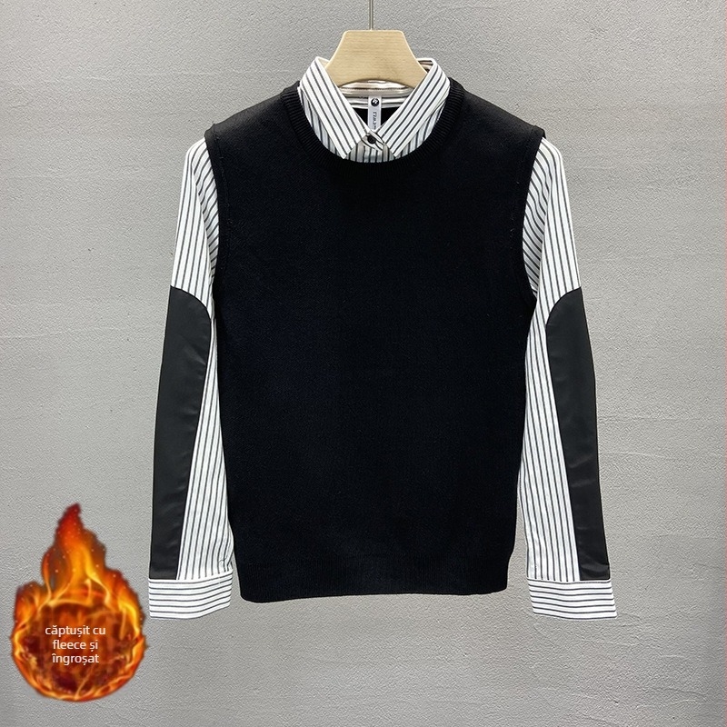 Pulover tricotat din blană de iepure, design color-block, croială slim, guler de tip cămașă