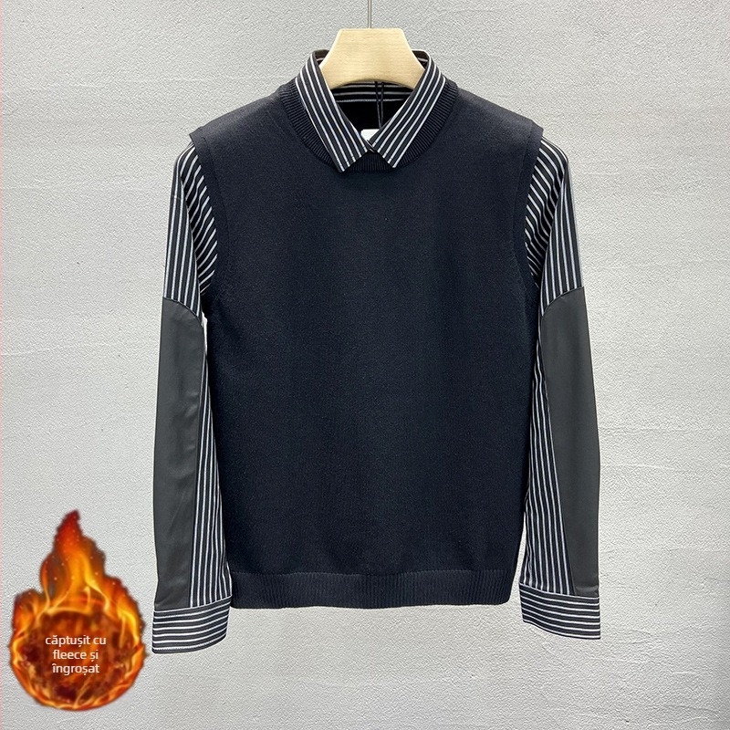 Pulover tricotat din blană de iepure, design color-block, croială slim, guler de tip cămașă