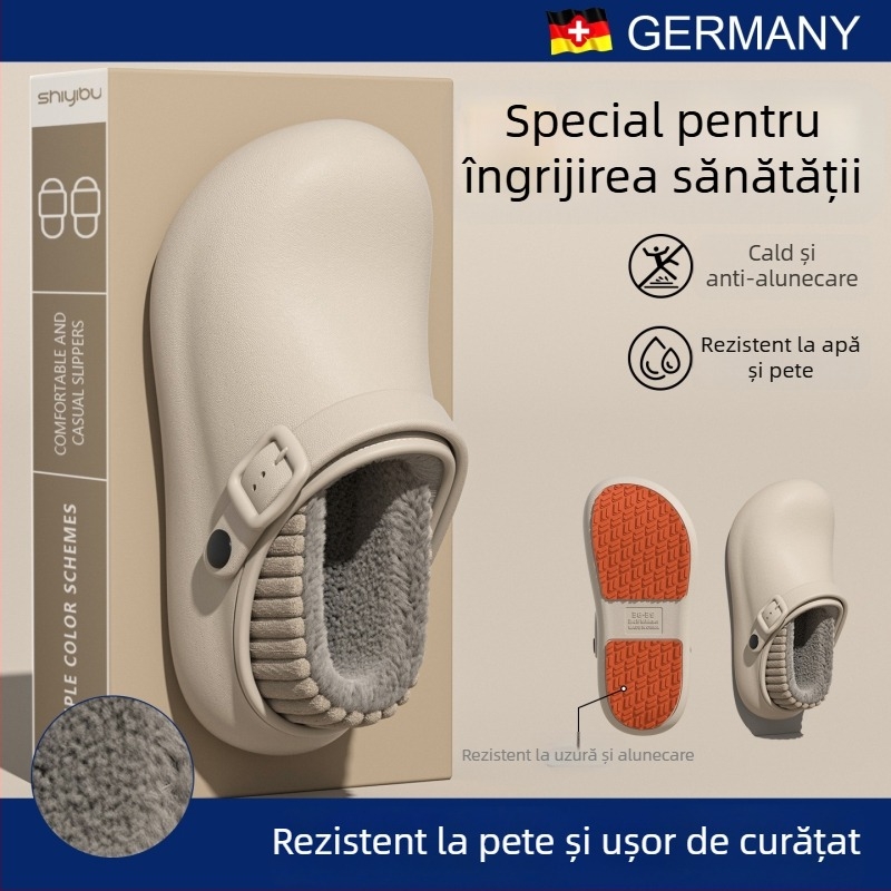 Papuci de iarnă unisex, cu suprafață PU, talpă PU, antiderapant și impermeabil, design îngroșat