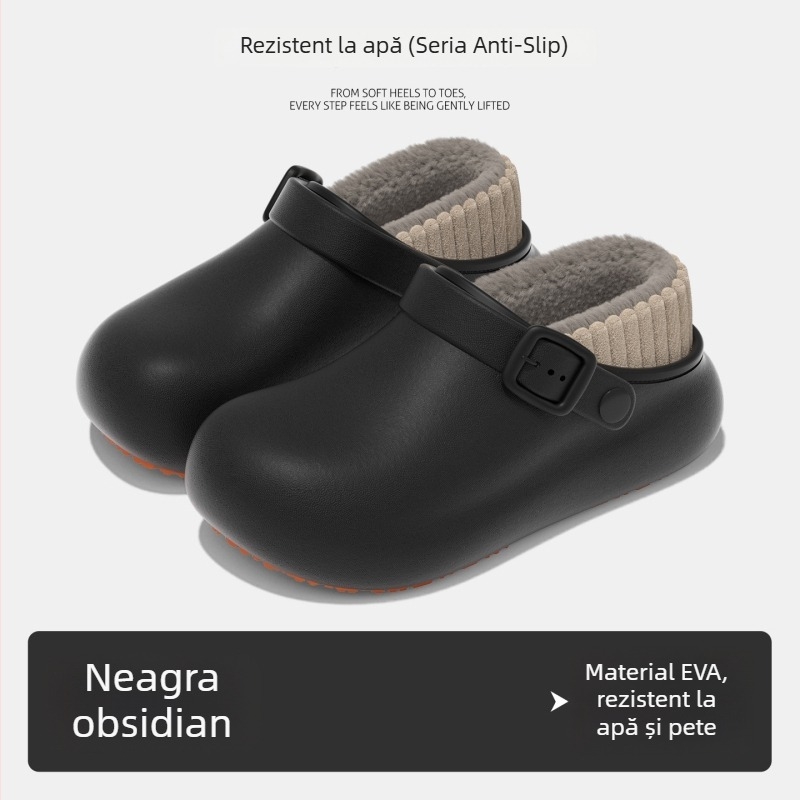 Papuci de iarnă unisex, cu suprafață PU, talpă PU, antiderapant și impermeabil, design îngroșat