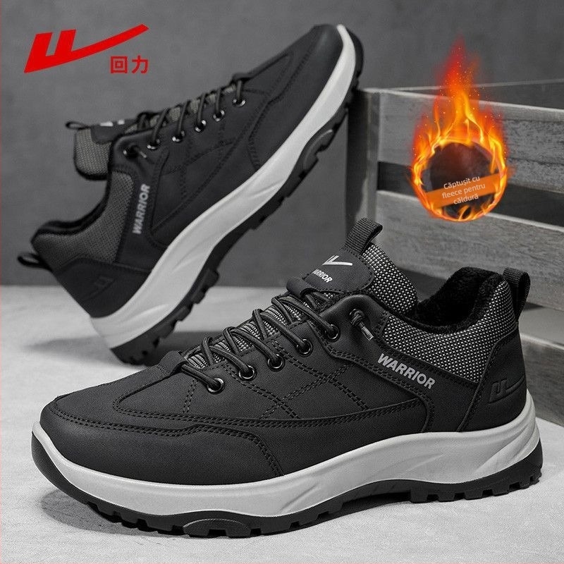 Pantofi pentru casă pentru bărbați, căptușiți cu fleece pentru iarnă, partea superioară impermeabilă, talpă PVC, șireturi, vârf rotund
