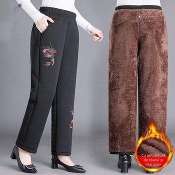 Pantaloni de iarnă din bumbac pentru femei în vârstă, cu căptușeală fleece, croială lejeră, lungi, groși, calzi, stil casual