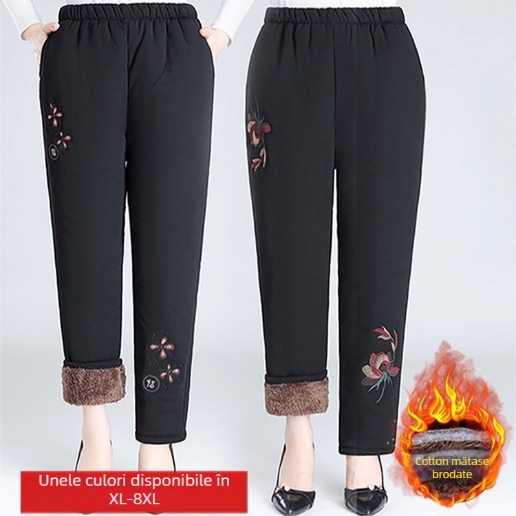 Pantaloni de iarnă din bumbac pentru femei în vârstă, cu căptușeală fleece, croială lejeră, lungi, groși, calzi, stil casual