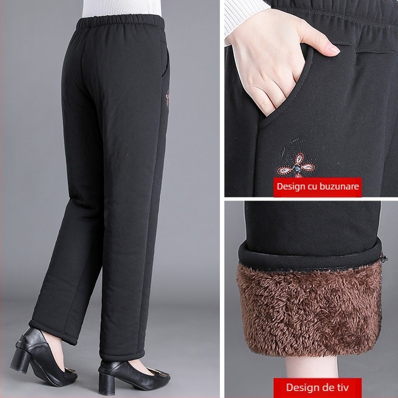 Pantaloni de iarnă din bumbac pentru femei în vârstă, cu căptușeală fleece, croială lejeră, lungi, groși, calzi, stil casual