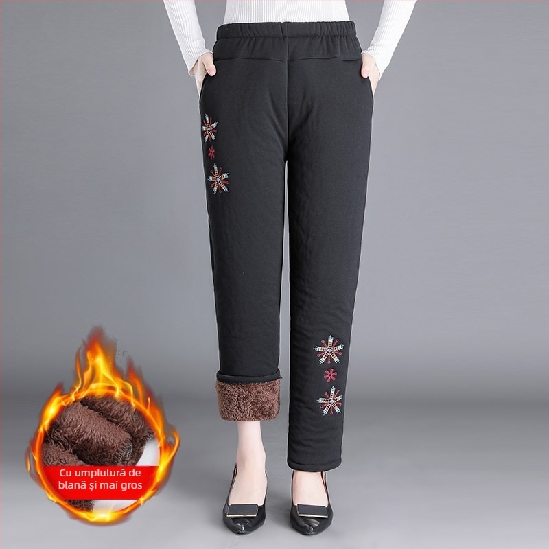 Pantaloni de iarnă din bumbac pentru femei în vârstă, cu căptușeală fleece, croială lejeră, lungi, groși, calzi, stil casual
