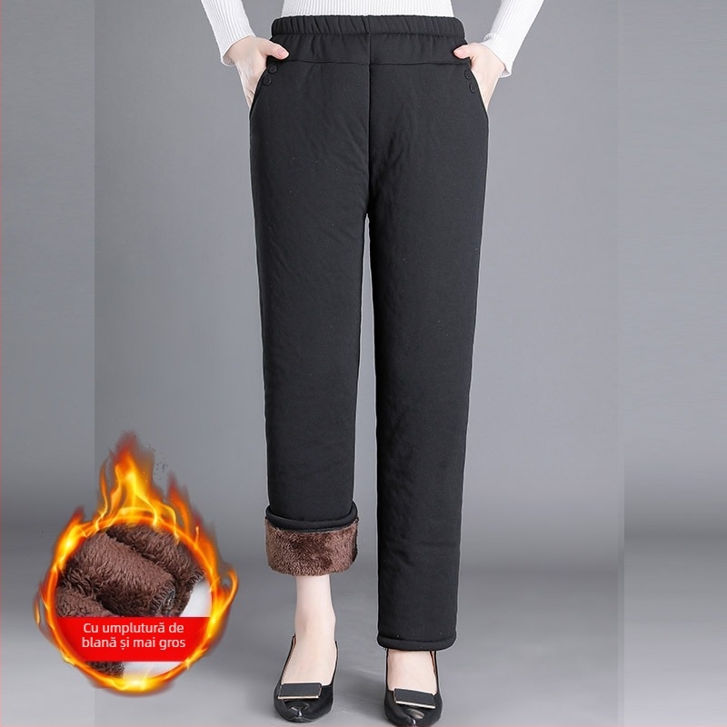 Pantaloni de iarnă din bumbac pentru femei în vârstă, cu căptușeală fleece, croială lejeră, lungi, groși, calzi, stil casual