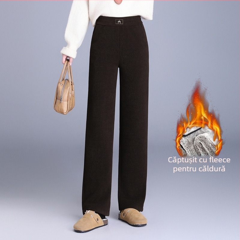 Pantaloni largi din corduroy cu căptușeală de fleece, talie înaltă, groși, iarnă 2025, stil elegant pentru naveta zilnică