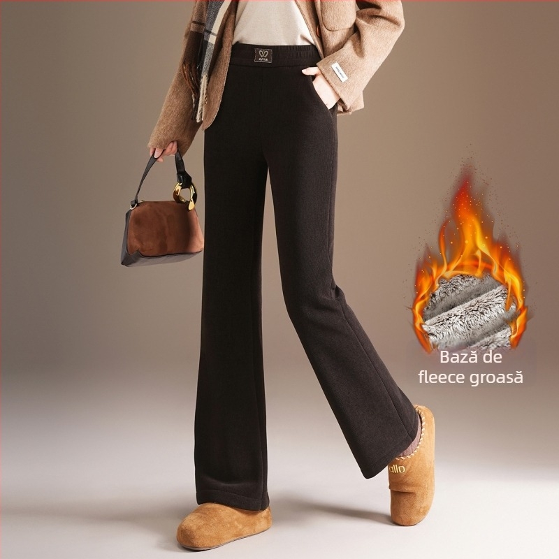 Pantaloni largi din corduroy cu căptușeală de fleece, talie înaltă, groși, iarnă 2025, stil elegant pentru naveta zilnică
