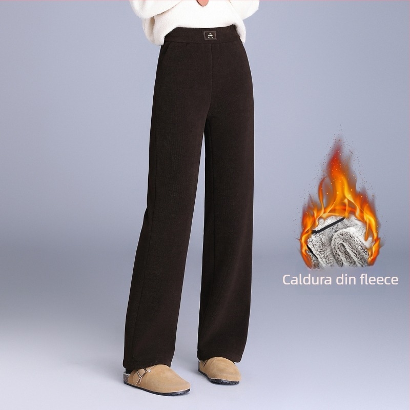 Pantaloni largi din corduroy cu căptușeală de fleece, talie înaltă, groși, iarnă 2025, stil elegant pentru naveta zilnică