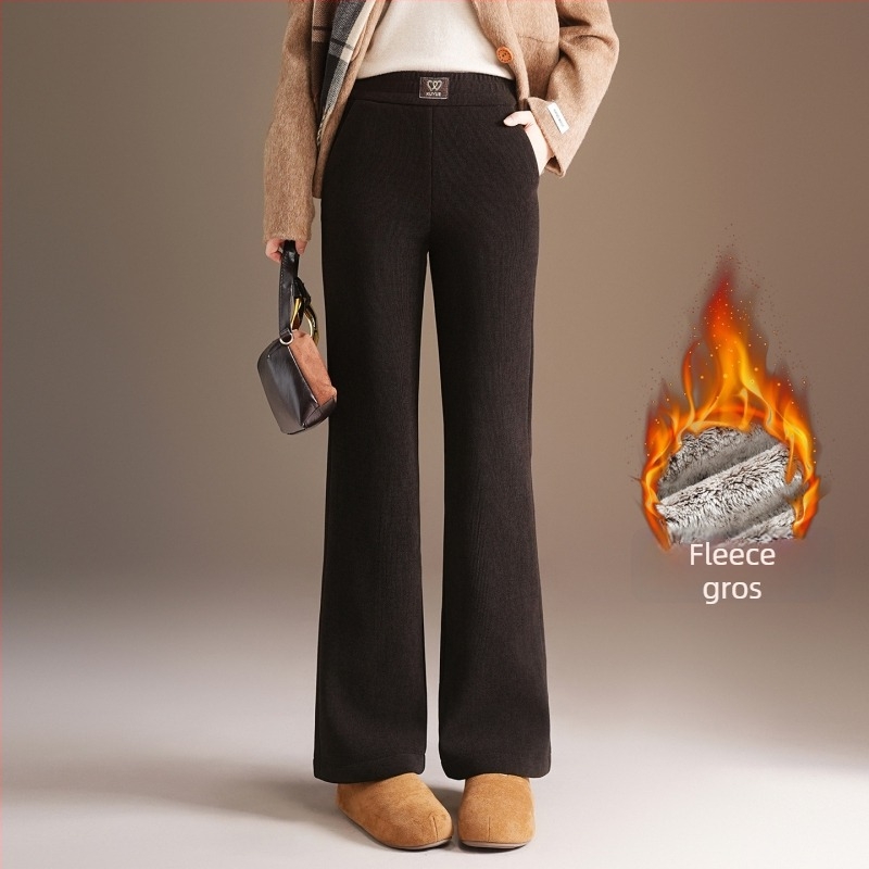 Pantaloni largi din corduroy cu căptușeală de fleece, talie înaltă, groși, iarnă 2025, stil elegant pentru naveta zilnică