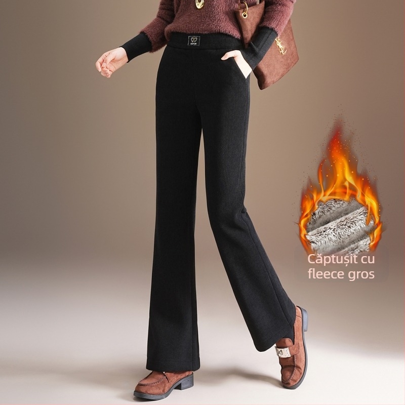 Pantaloni largi din corduroy cu căptușeală de fleece, talie înaltă, groși, iarnă 2025, stil elegant pentru naveta zilnică