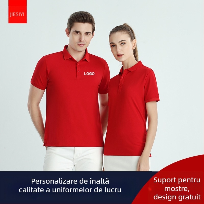Tricou polo din bumbac mercerizat pentru uniformă de lucru, cu logo brodat, mâneci scurte, respirabil, evacuează umezeala.