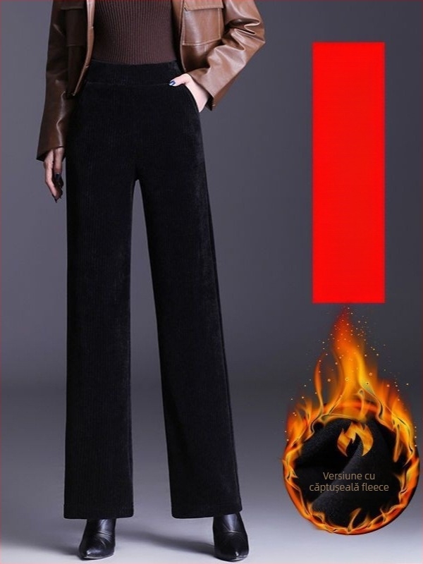 Pantaloni de femei din chenille cu căptușeală de fleece, croială dreaptă, talie înaltă, casual, toamnă-iarna, 95% poliester