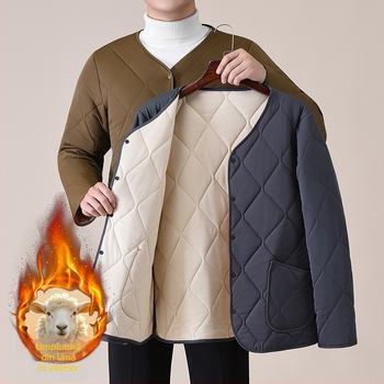 Vesta bărbați din lână groasă cu decolteu în V, umplutură din bumbac, căptușeală din poliester, buzunare laterale, nasturi, margine dreaptă, stil casual