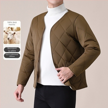 Vesta bărbați din lână groasă cu decolteu în V, umplutură din bumbac, căptușeală din poliester, buzunare laterale, nasturi, margine dreaptă, stil casual