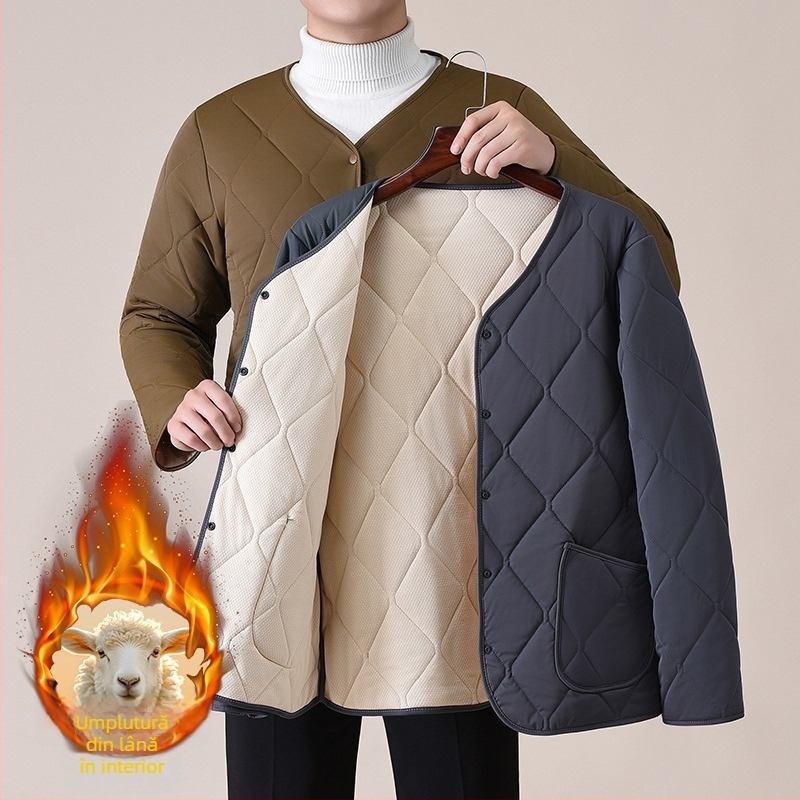 Vesta bărbați din lână groasă cu decolteu în V, umplutură din bumbac, căptușeală din poliester, buzunare laterale, nasturi, margine dreaptă, stil casual