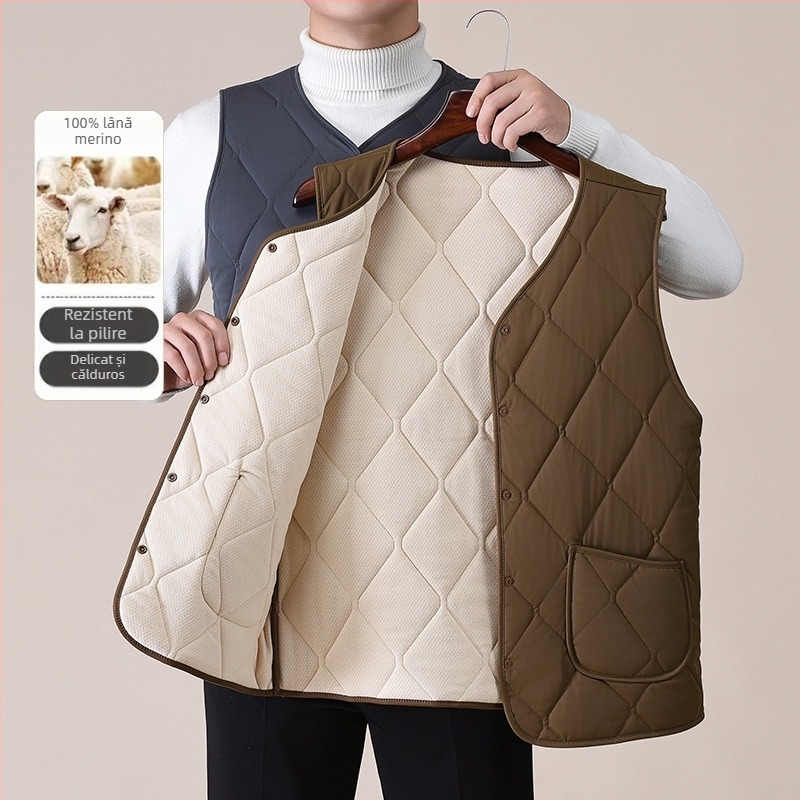 Vesta bărbați din lână groasă cu decolteu în V, umplutură din bumbac, căptușeală din poliester, buzunare laterale, nasturi, margine dreaptă, stil casual