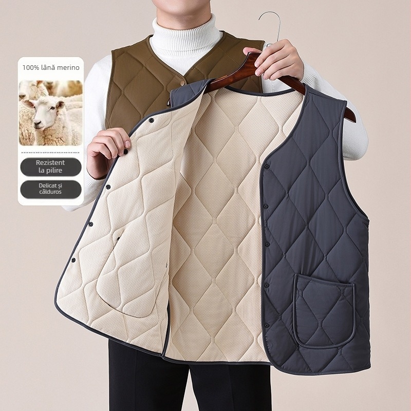 Vesta bărbați din lână groasă cu decolteu în V, umplutură din bumbac, căptușeală din poliester, buzunare laterale, nasturi, margine dreaptă, stil casual