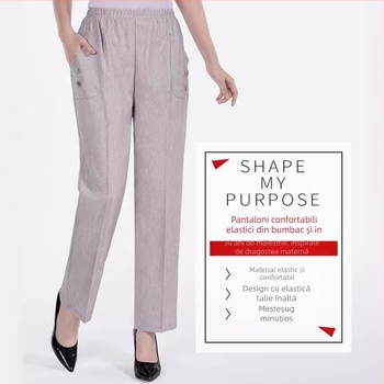 Pantaloni de vară pentru femei din bumbac și in, croială dreaptă lejeră, talie înaltă, țesătură subțire și respirabilă
