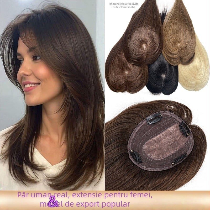Piesă pentru coroana perucii din păr natural, păr drept, model JZ02, cu mecanism de prindere, pentru femei