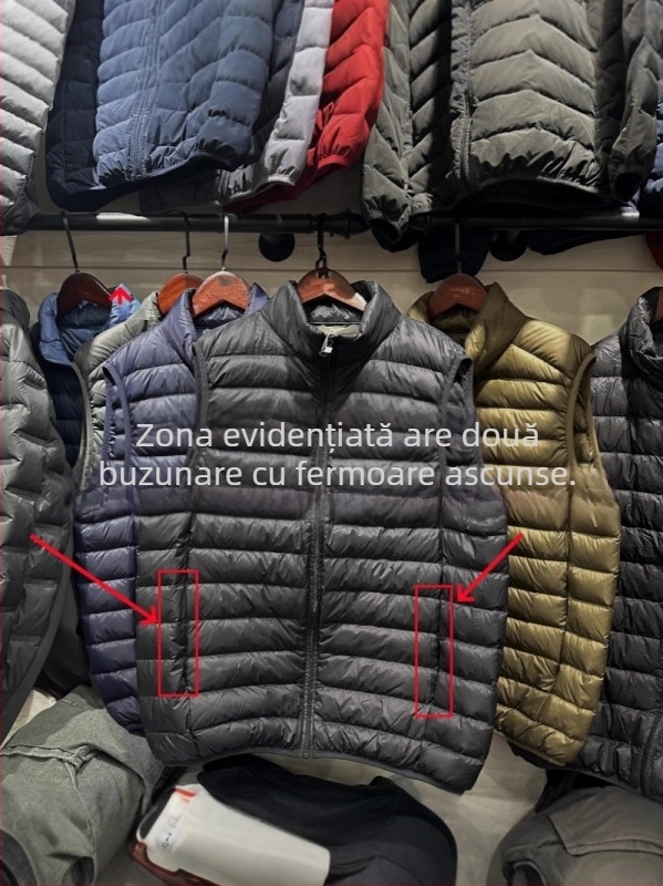 Vestă din puf ultraușoară, husă din nailon, conținut puf 86–90%, umplutură 90 g puf de rață alb, subțire, fără glugă