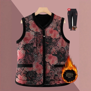 Vesta fără mâneci, stil chinezesc, design retro literar, imprimeu plante și flori, țesătură poliester, conținut PVC ≤30%