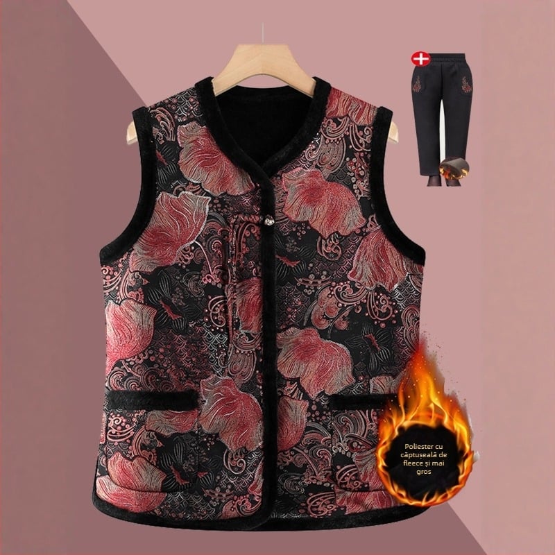 Vesta fără mâneci, stil chinezesc, design retro literar, imprimeu plante și flori, țesătură poliester, conținut PVC ≤30%