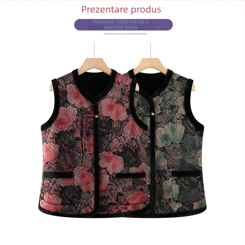 Vesta fără mâneci, stil chinezesc, design retro literar, imprimeu plante și flori, țesătură poliester, conținut PVC ≤30%