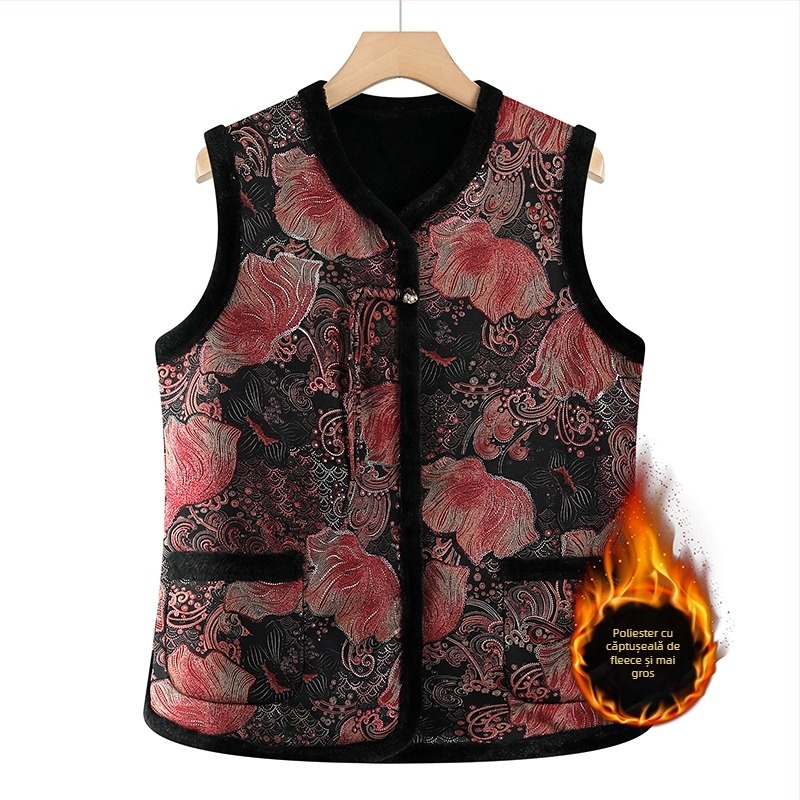 Vesta fără mâneci, stil chinezesc, design retro literar, imprimeu plante și flori, țesătură poliester, conținut PVC ≤30%