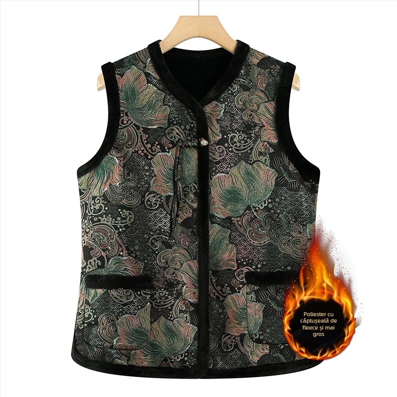 Vesta fără mâneci, stil chinezesc, design retro literar, imprimeu plante și flori, țesătură poliester, conținut PVC ≤30%