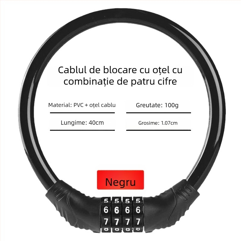 Încuietoare cu parolă Keyma pentru biciclete, motociclete și vehicule electrice — cod de patru cifre, cablu PVC din oțel, 100 g
