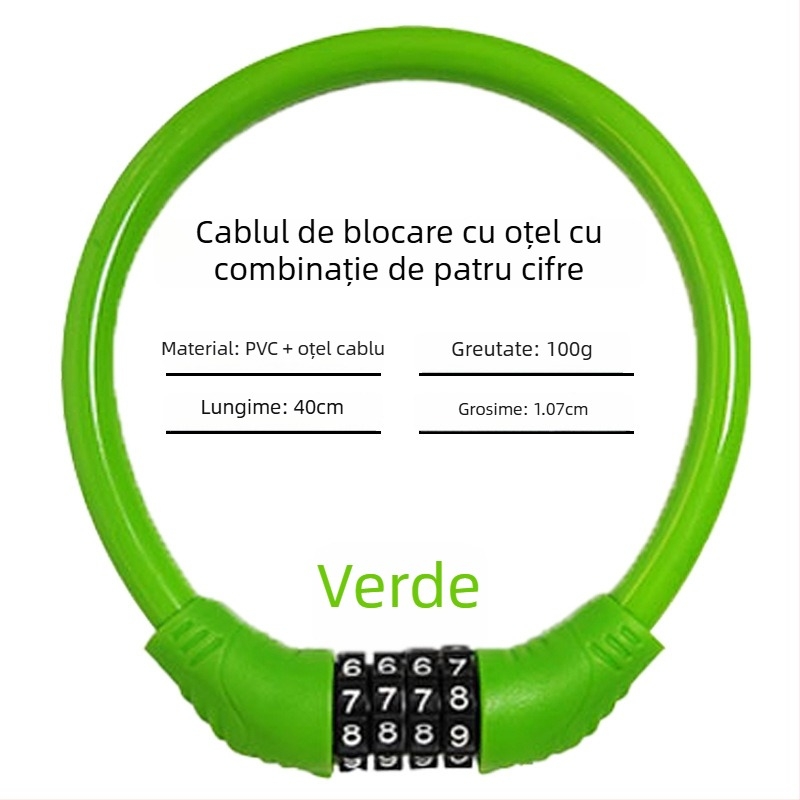 Încuietoare cu parolă Keyma pentru biciclete, motociclete și vehicule electrice — cod de patru cifre, cablu PVC din oțel, 100 g